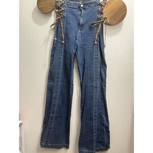 Fashion Nova Jeans Womens 7 Denim Flare Stretch Cinch Leopard Hip Ties Snatch